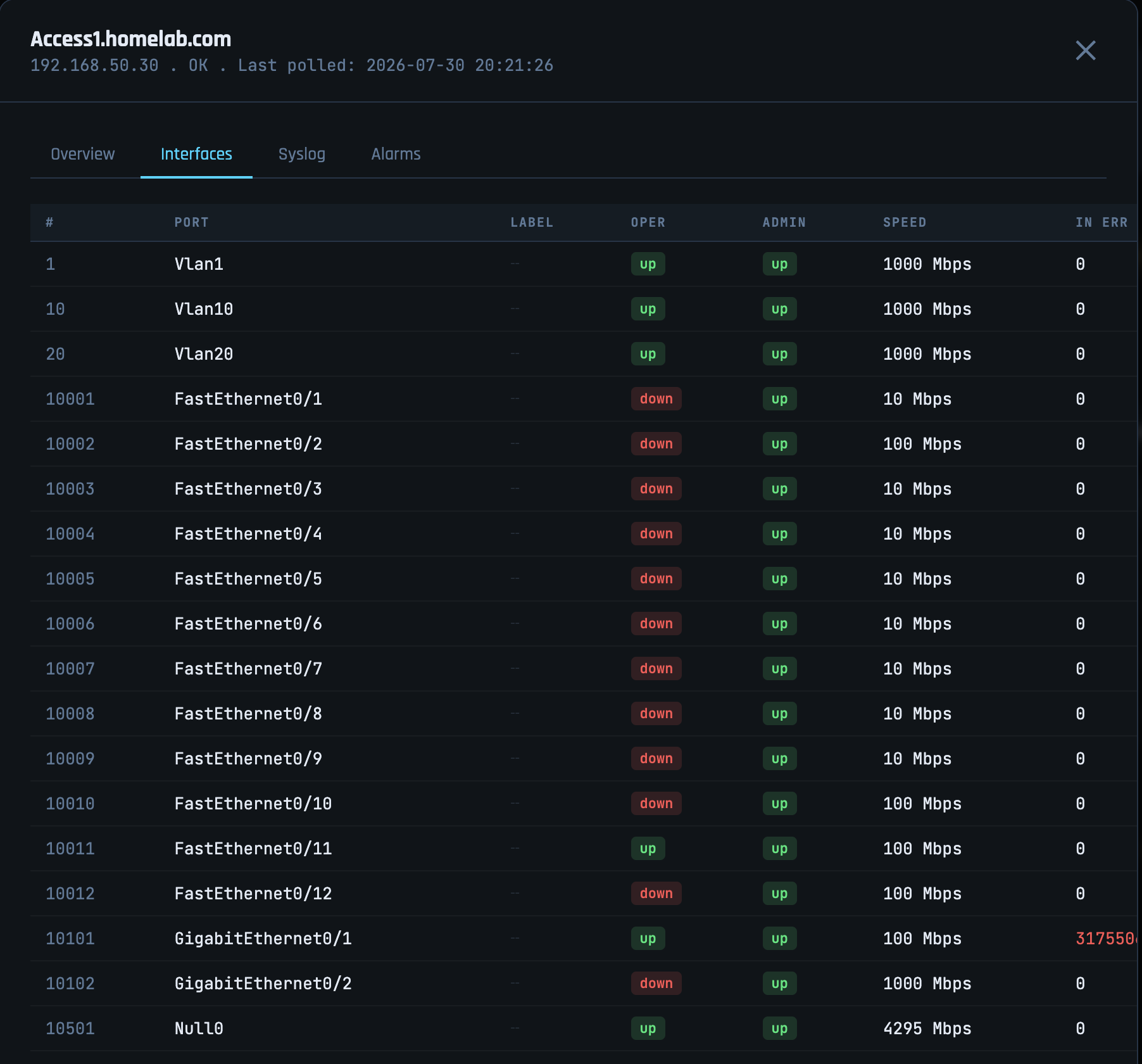 NetPol interface detail showing port status, speed and error counts