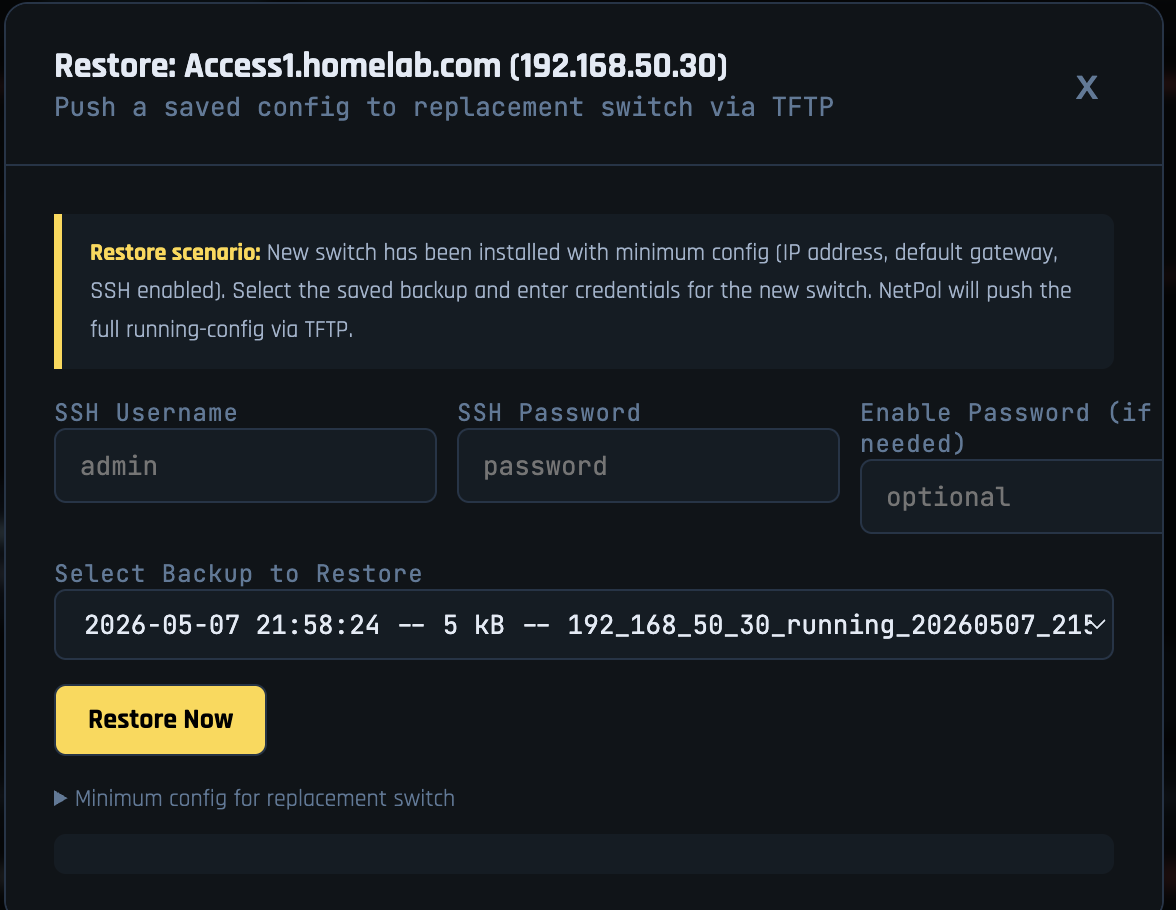NetPol configuration restore modal